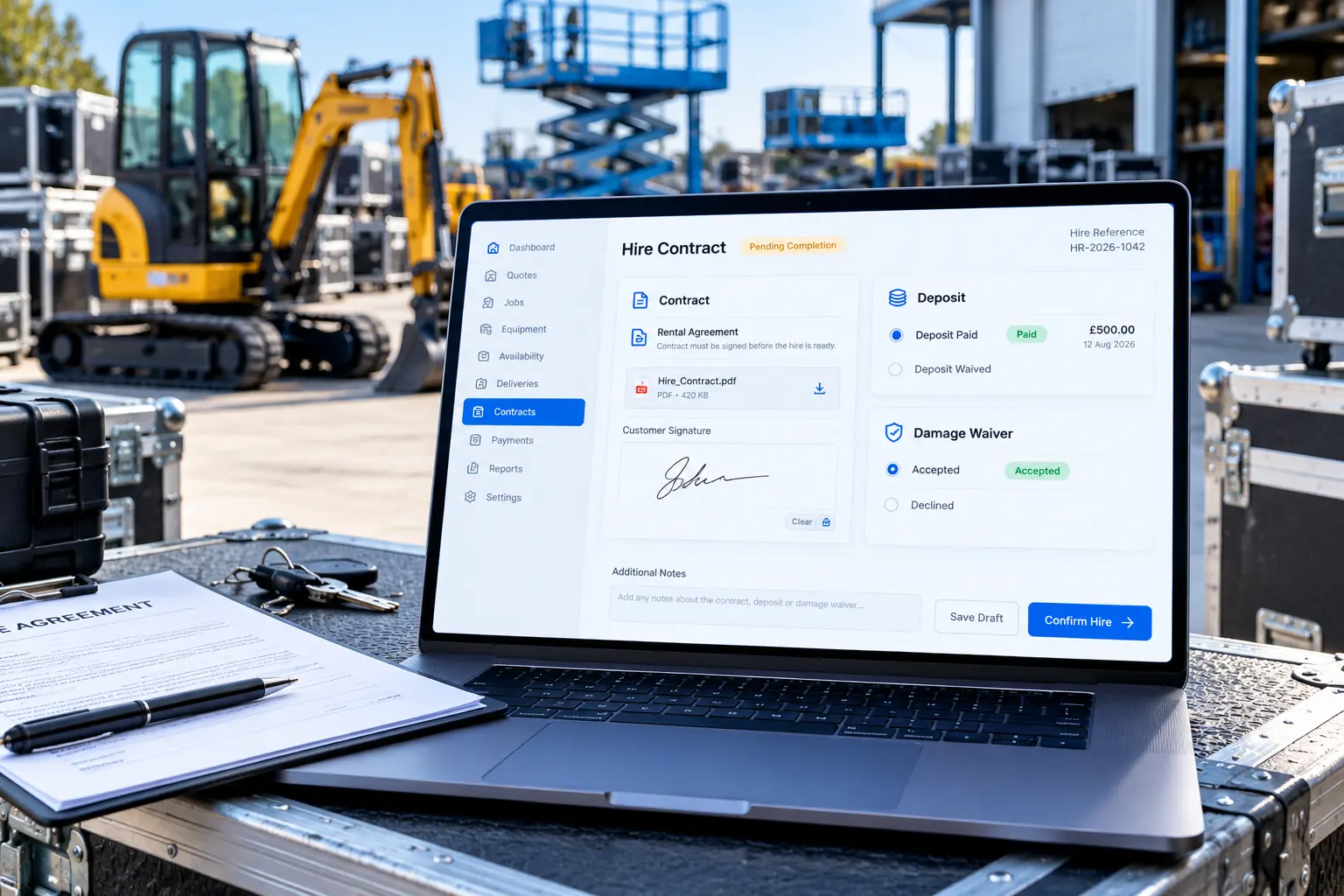 Hire contract on a laptop with the agreement signed, deposit paid and damage waiver accepted