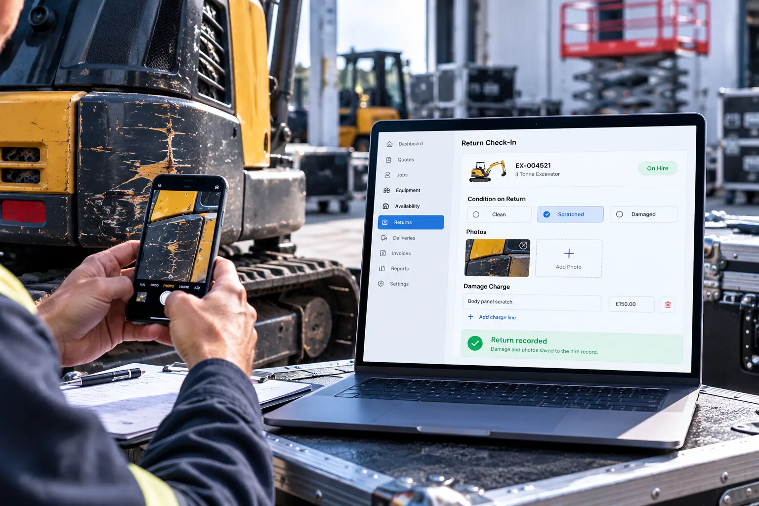 Return check-in with a phone photo of a scratched excavator and a damage charge on the laptop