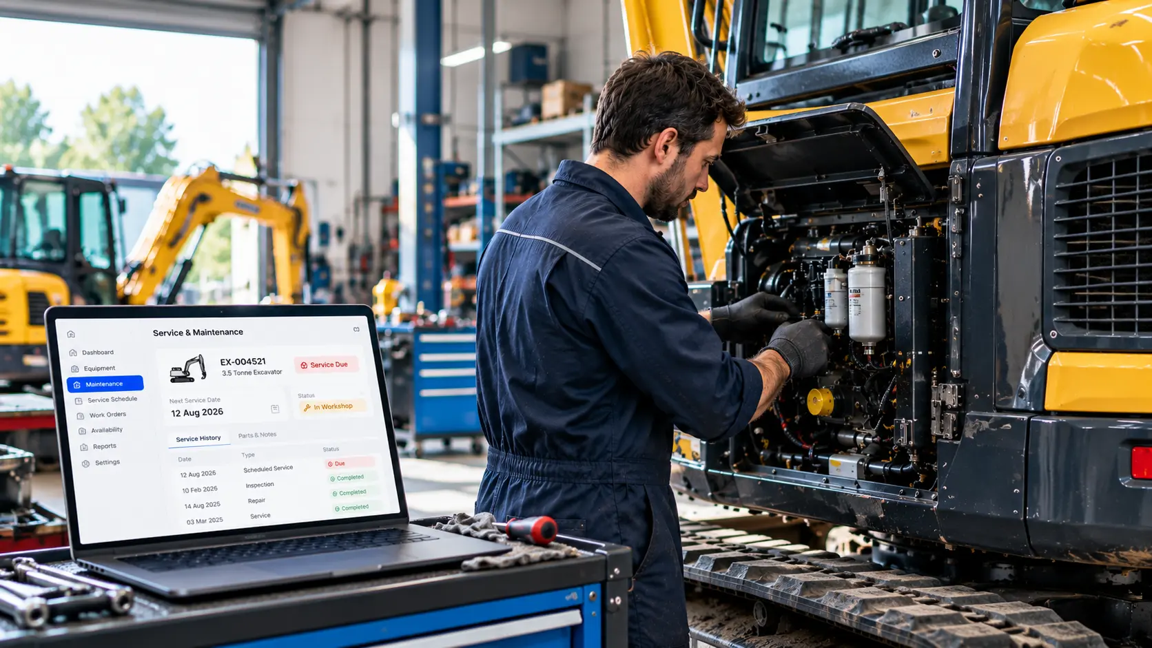 Mechanic servicing an excavator beside a laptop showing service due and in workshop