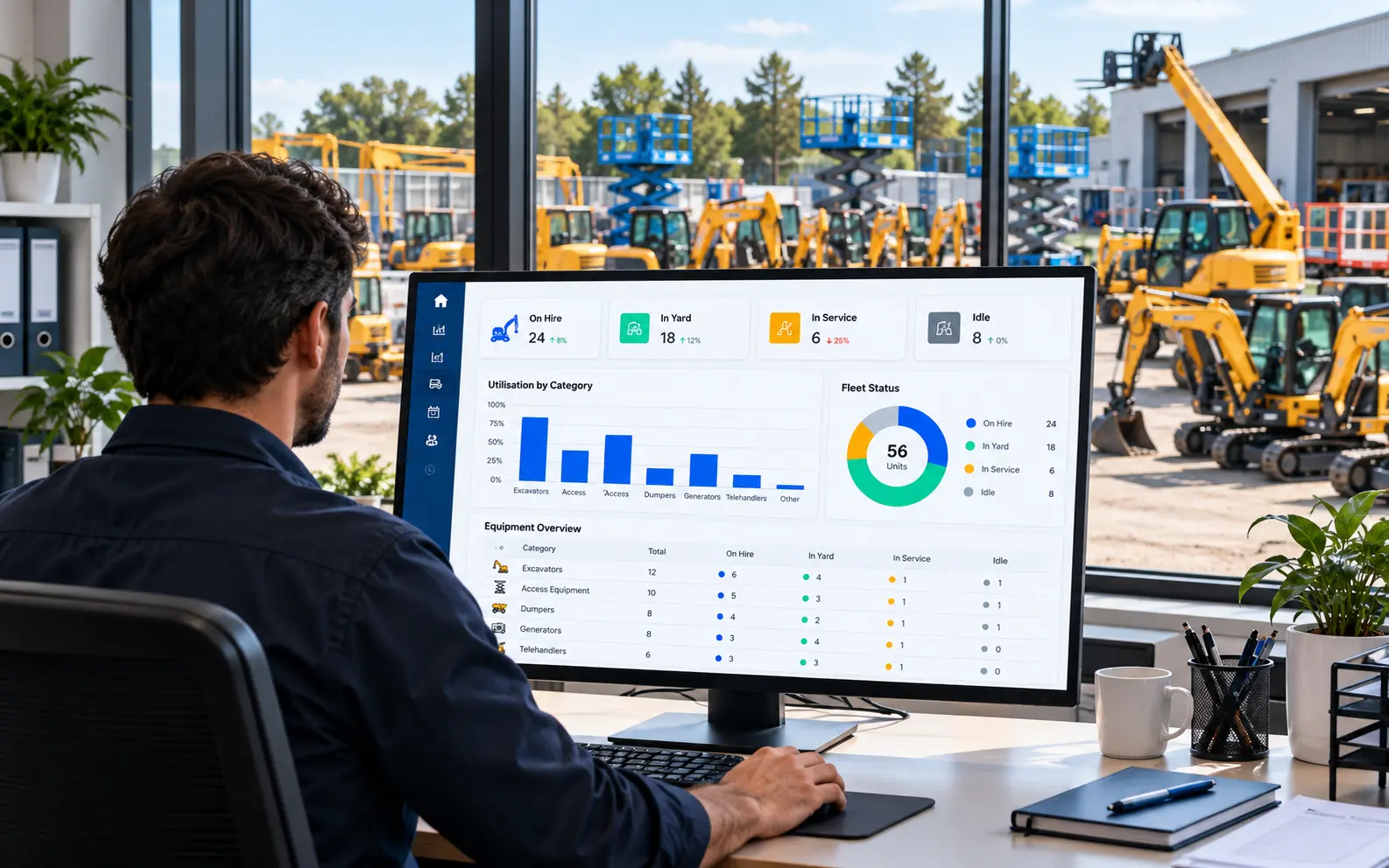 Office monitor showing on hire, in yard, in service and idle, with plant in the yard outside