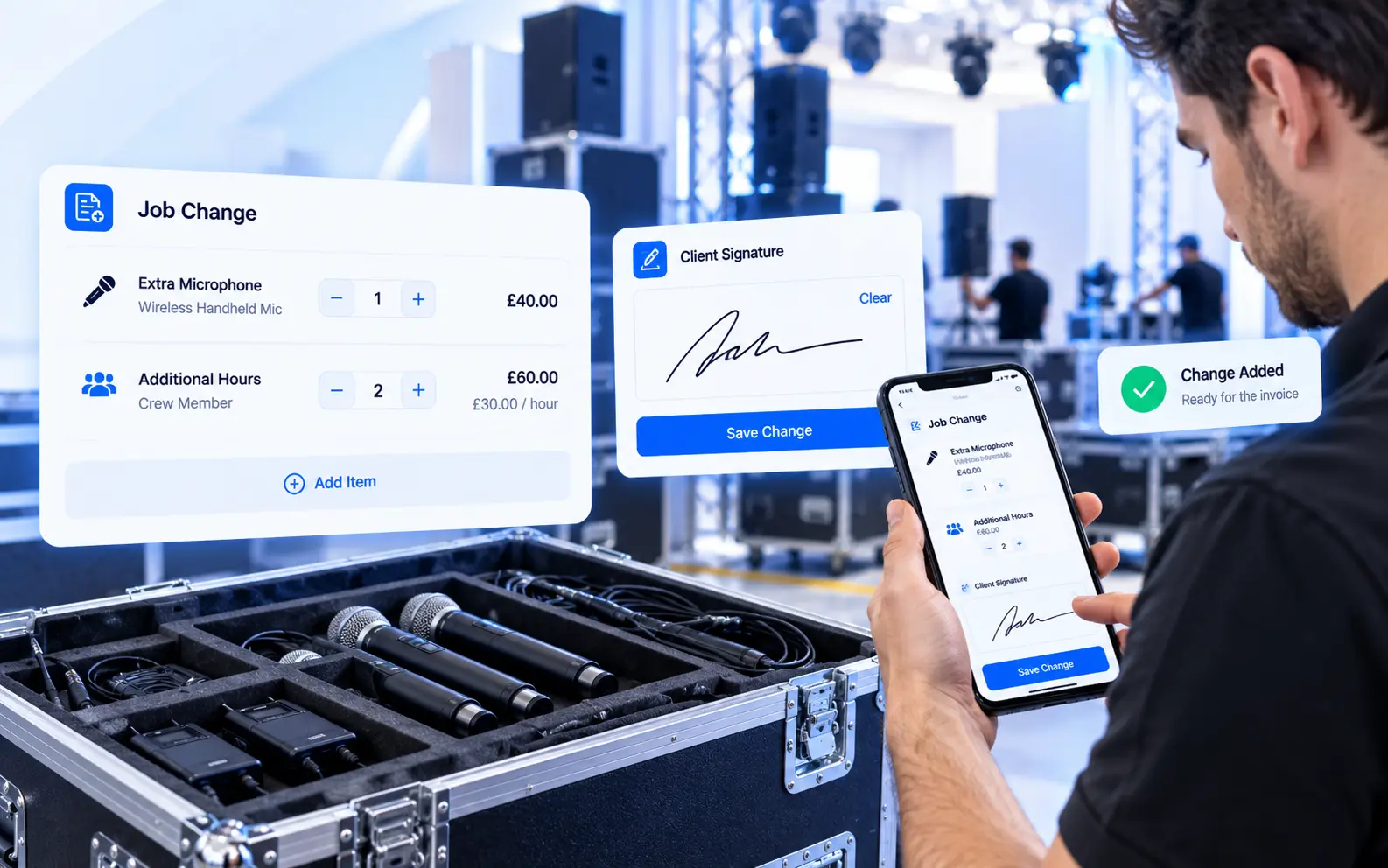 Technician on site adding an extra microphone and hours, with the client signature on a phone