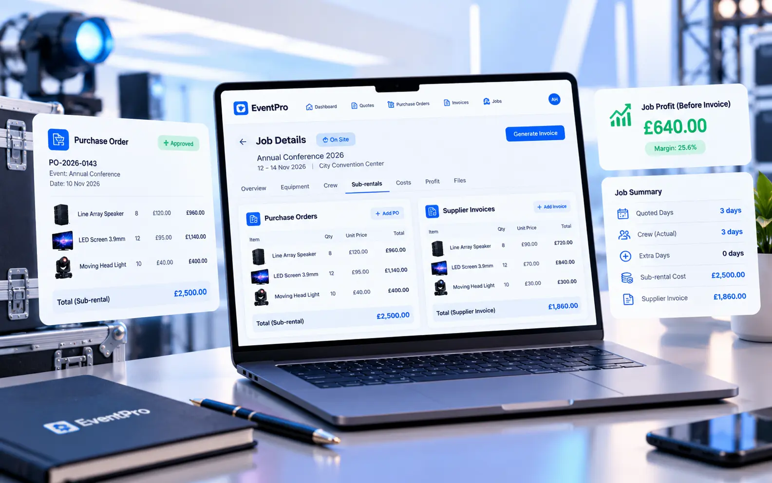 Laptop showing job profit, purchase orders and supplier invoices before the client invoice