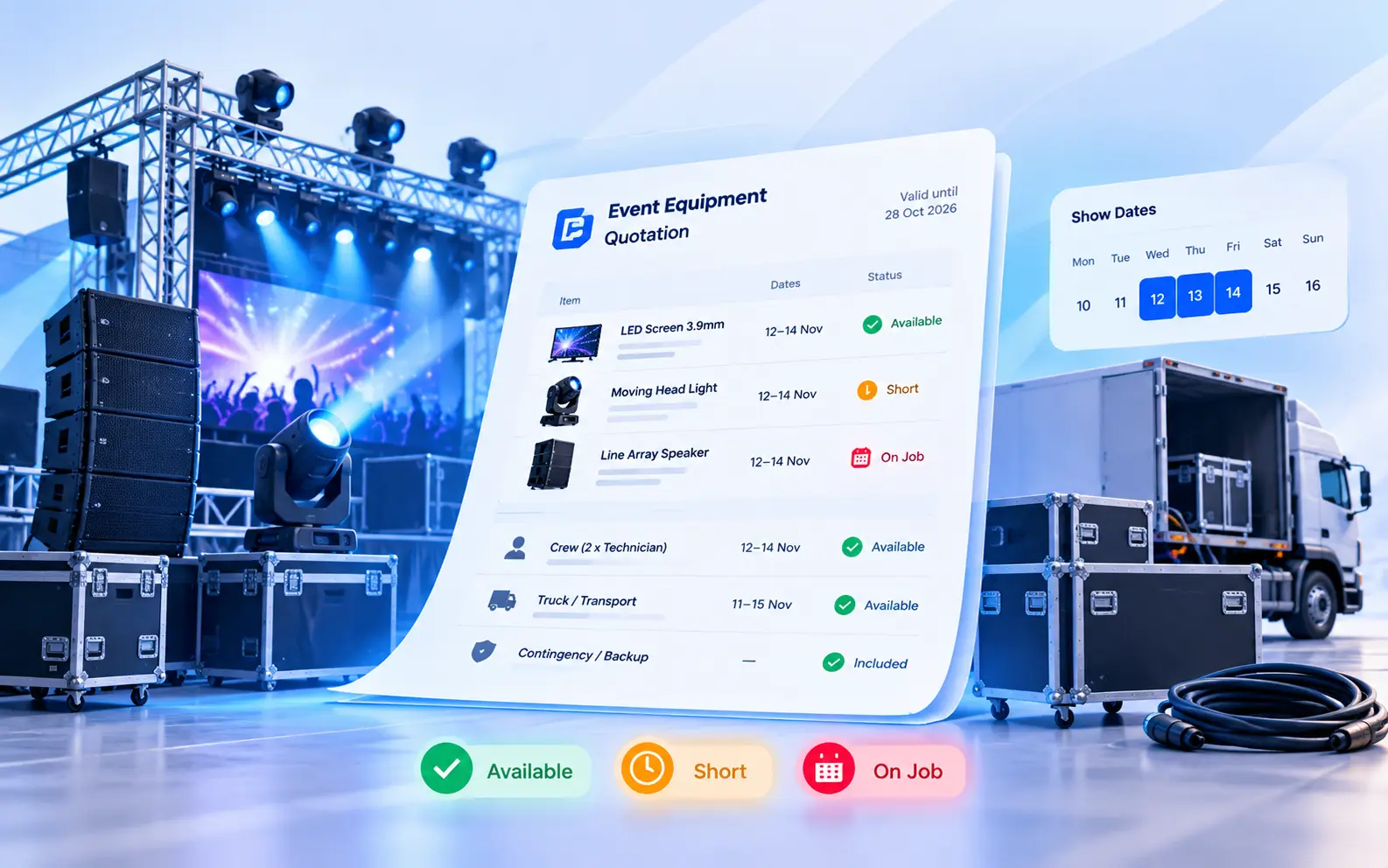 Event equipment quotation showing LED screen, moving head and line array as available, short or on job