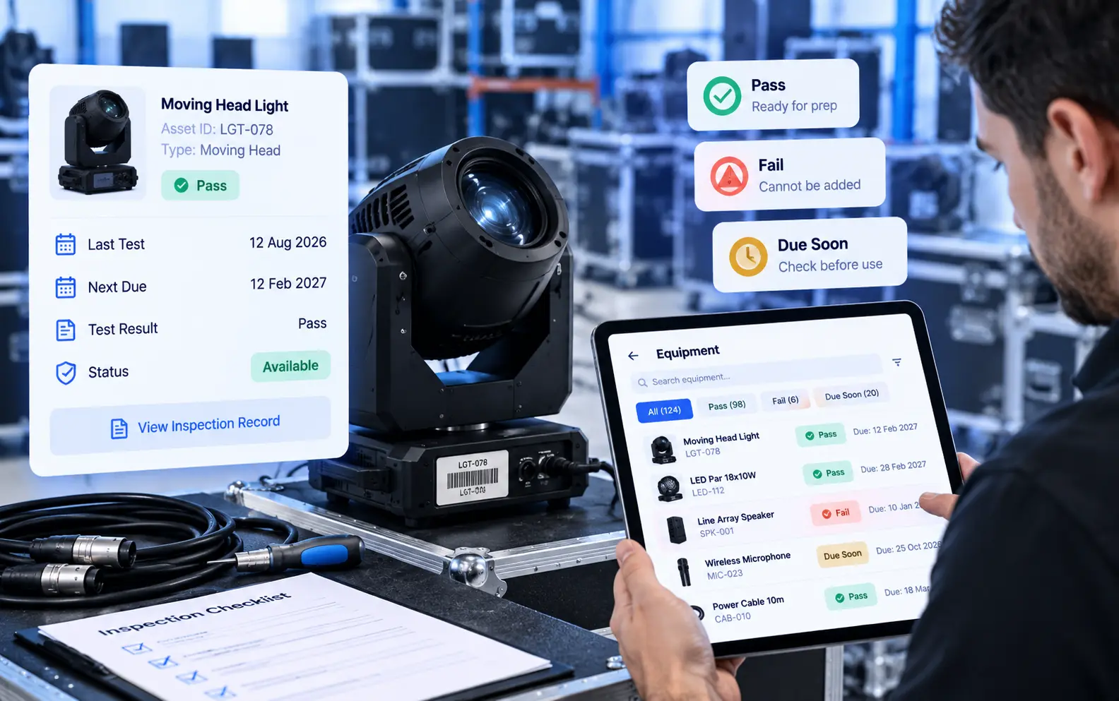 Technician checking a moving head light, with pass, fail and next due date on a tablet