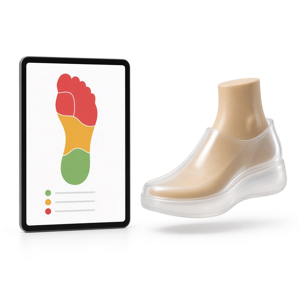 A tablet with a colour-coded foot zone map next to a trial shoe