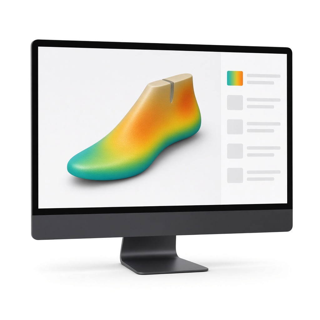 A monitor showing a shoe last with a colour deviation heatmap