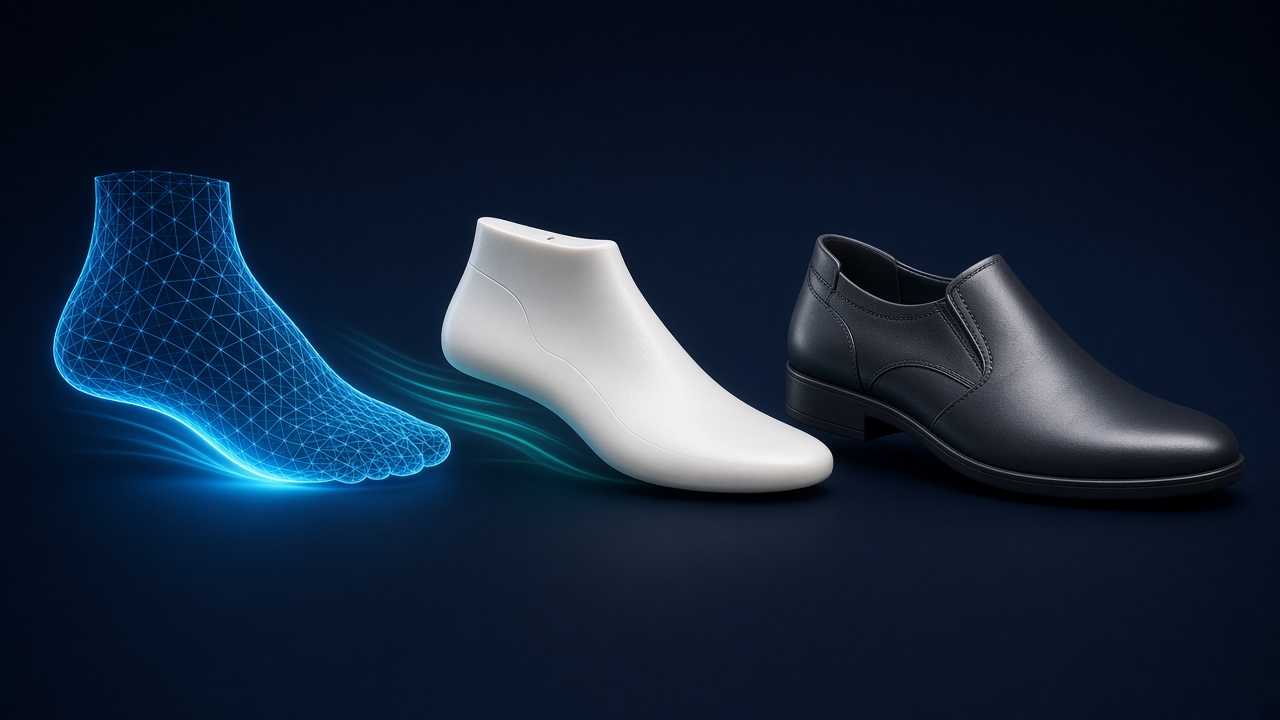 A 3D foot scan mesh turning into a shoe last and then a finished custom orthopedic shoe